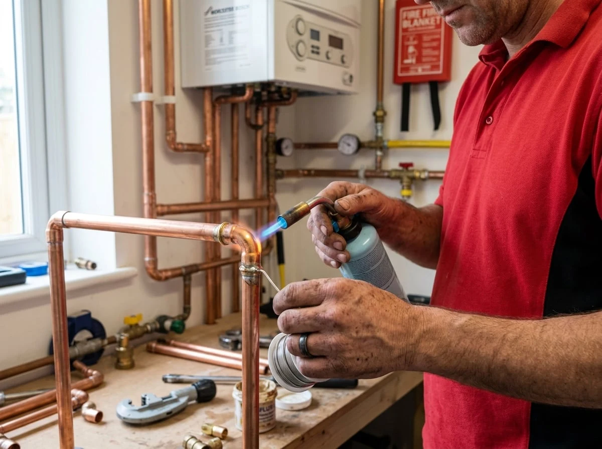 Loughton Plumbers engineer soldering copper pipe fittings for a new boiler installation in Loughton