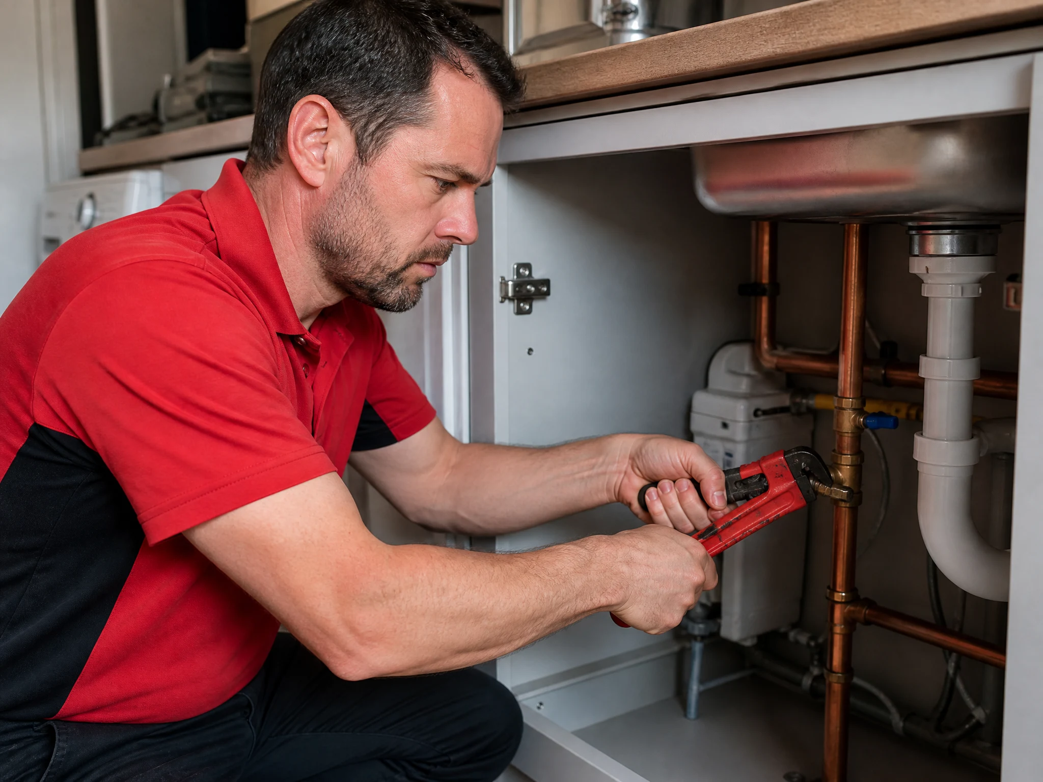 Loughton Plumbers engineer tightening a stopcock under a sink during an emergency plumbing repair in Loughton